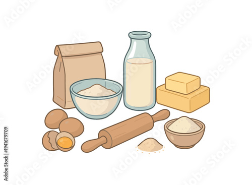 A collection of common baking items—paper bag of flour, bowl of flour, glass bottle of milk, butter blocks, cracked eggs, rolling pin and small bowls of dry ingredients