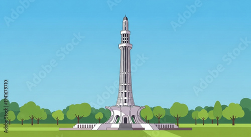 Minar e pakistan monument in a park with trees and blue sky illustration of a famous landmark