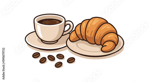 Classic breakfast pair of a steaming cup of coffee and a flaky croissant on plates with scattered coffee beans, drawn in a clean friendly flat vector style for cafe menus or morning scenes.