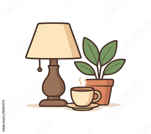A cozy indoor still life of a classic table lamp, a small potted plant, and a steaming cup of coffee on a saucer, shown in a warm, simple flat vector style.