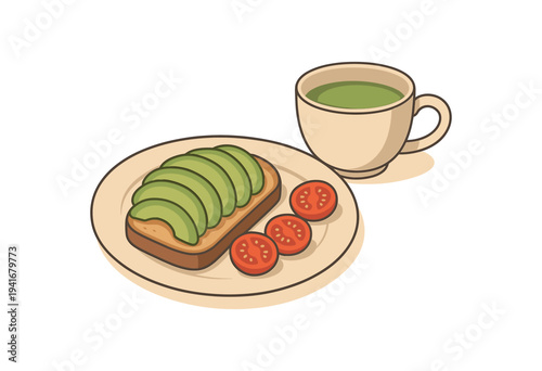 A friendly breakfast scene showing sliced avocado on toast, three cherry tomato slices on a plate, and a steaming cup of green tea beside it, drawn in a warm colorful flat style.