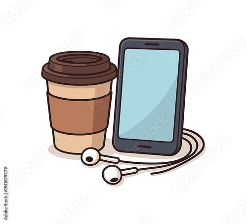 Travel coffee cup next to a smartphone and wired earphones, arranged casually to suggest commuting, podcast listening or a work break 