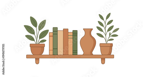A minimalist shelf composition showing two potted plants, a row of upright books, and a decorative vase arranged neatly on a wooden wall shelf, in a calm earthy flat style.