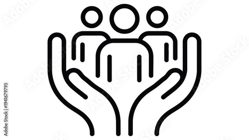 community support line icon with people in caring hands representing teamwork, social care, protection, group assistance and nonprofit concept