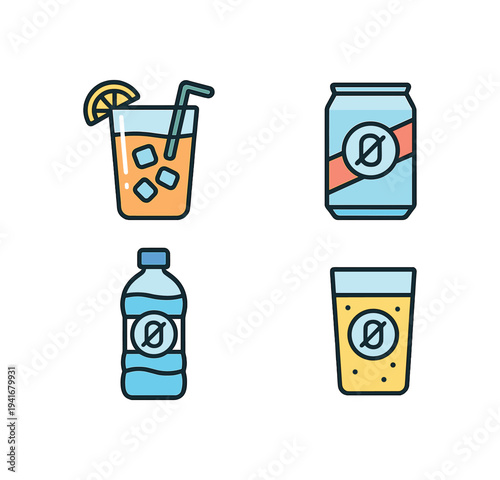 Four colorful beverage icons: iced citrus glass with straw, canned soda, bottled water and a juice glass — good for menus, lifestyle or app ui as flat vector illustration.
