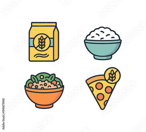 Four colorful food icons focused on grains and cereal foods: a flour or grain bag, a bowl of rice, a grain salad bowl, and a pizza slice with a wholegrain label badge for menu