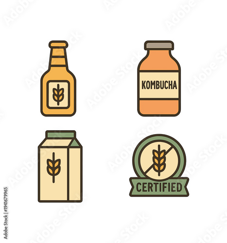 Four flat icons for grain-based and fermented beverages: a beer bottle with grain emblem, a kombucha jar, a milk carton marked with wheat, and a certified grain badge for labels, 