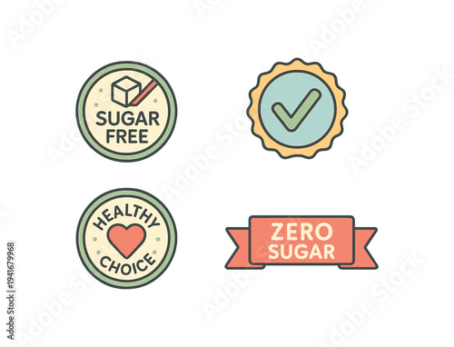 Four pastel health and nutrition badges including sugar-free seal, checkmark medal, healthy choice heart badge and zero sugar ribbon 