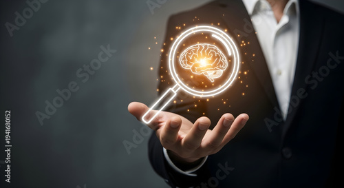 Businessman holding a glowing magnifying glass with a brain inside