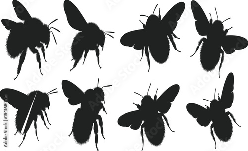 Bumblebee silhouette collection flying bee pollinator insect set detailed bumble bees isolated on white background wildlife vector illustration