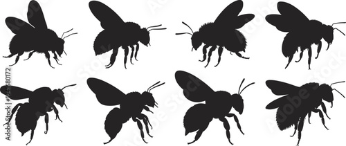 Bee silhouette collection flying honeybee insect set pollinator bees isolated on white background nature wildlife vector illustration