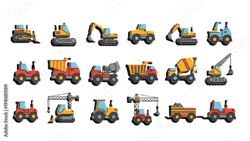 Collection of fifteen cartoon construction vehicles featuring excavators dump trucks cranes and tractors in various colors and designs on a white background for building and infrastructure projects.