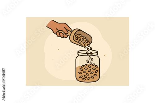 Minimal flat artwork of a hand using a scoop to pour seeds or grains into a clear jar, suggesting bulk storage, pantry organization, and sustainable food habits.
