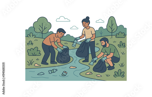 Three people wearing gloves collecting plastic and cans from a stream surrounded by grass, bushes, and trees — community river cleanup scene for environmental awareness.