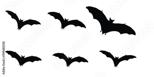 Set of 6 Black Bat Silhouettes Vector Collection for Halloween Decorations, Spooky Designs, and Night-Themed Graphics