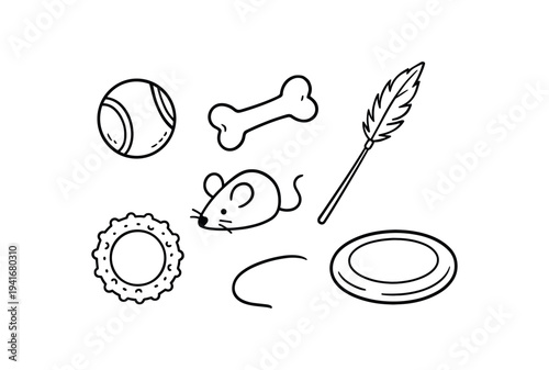 Black outline icons of common cat and dog toys — ball, bone, toy mouse, feather wand, rubber ring, and frisbee arranged as a play set for pet product graphics.