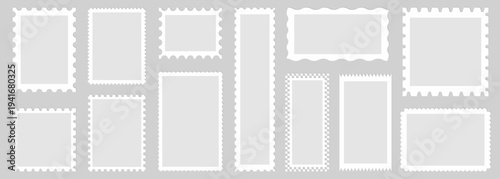 Postage stamp frames collection. Vintage perforated borders in various rectangular and square shapes. Clean simple stamp outline vector elements