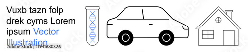 Science, transportation, home design, biotechnology, lifestyle, innovation. DNA helix in a test tube, car outline and house sketch. Biotechnology and transportation for versatile uses