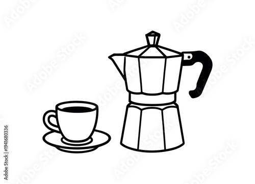 Black outline moka pot alongside a coffee cup and saucer, simple kitchen drink icon for menus, labels, or cafe designs.