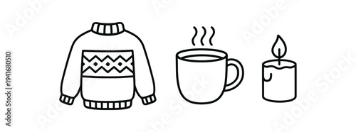 Clean line icons showing a patterned sweater, a steaming hot mug, and a small burning candle — icons for winter, cozy lifestyle, and comfort design.