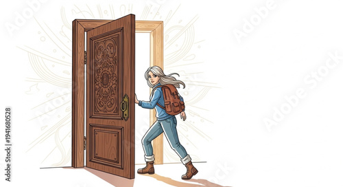 Person entering through an ornate wooden door with backpack.
