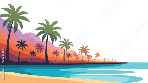 Illustration of a serene beach scene with palm trees against a vibrant sunset backdrop and calm waters on a sandy shore.