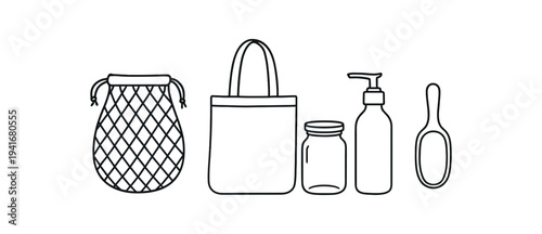 Clean black outline icons showing a mesh produce bag, a tote bag, a jar, a pump dispenser bottle, and a handheld mirror representing sustainable kitchen and personal care items.
