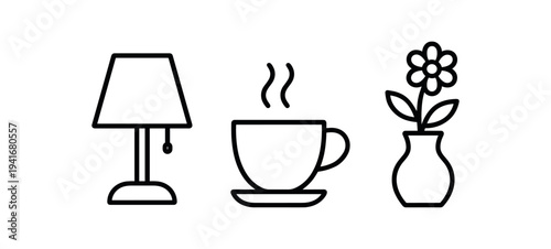 Three simple black line icons: a table lamp, a steaming cup on a saucer, and a flower in a vase on a white background, good for ui or home decor graphics.