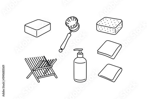 Simple black outline icons showing sponge, scrub brush, pump bottle, dish rack and cloths as a cleaning supplies set.