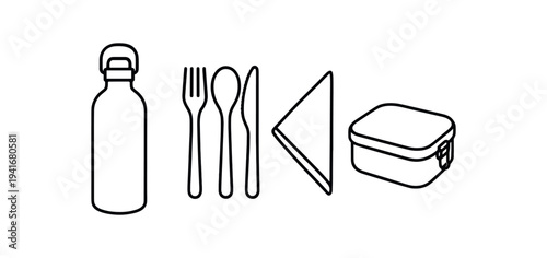 Black outline icons of a bottle, fork, spoon, knife, folded napkin and lunchbox arranged in a simple row for sustainable lunch or picnic ui and print.