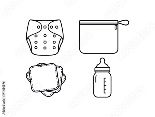 Four clean line icons showing a reusable diaper, a zippered wet bag, absorbent nursing pads, and a baby feeding bottle, ideal for parenting guides, product labels, or app ui.