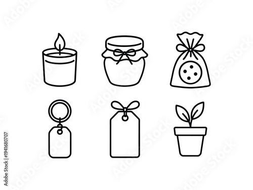 Six clean outline icons of a candle, jam jar, sachet bag, two tag styles, and a potted sprout, perfect for handmade product packaging and small business labels.