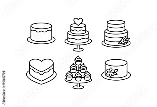 Six black outline dessert icons showing layered cakes, heart cake, cupcake tower and single decorated cakes, ideal for bakery logos, menus, and party materials.