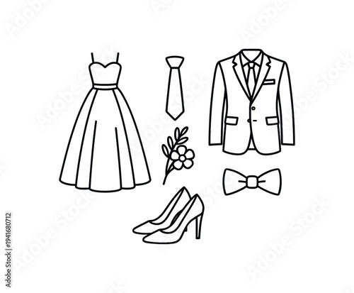 Black line icons of wedding apparel and accessories including a wedding dress, suit jacket, high heels, tie, bow tie and a floral boutonniere for fashion or planning layouts.