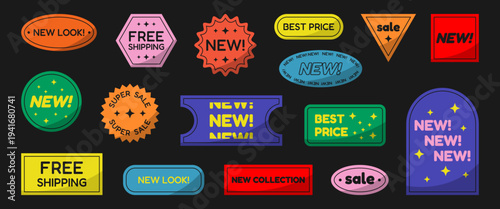 Colorful sale promotion badges collection. Includes labels for new, sale, free shipping and best price offers. Modern marketing vector stickers
