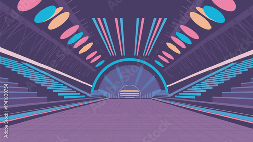 A vibrant and futuristic illustration of a purple tunnel with colorful lights and geometric shapes