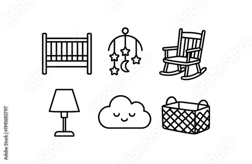 Nursery furniture and decor collection with crib, mobile, rocking chair, lamp, cloud pillow and storage basket flat vector icon for baby room design