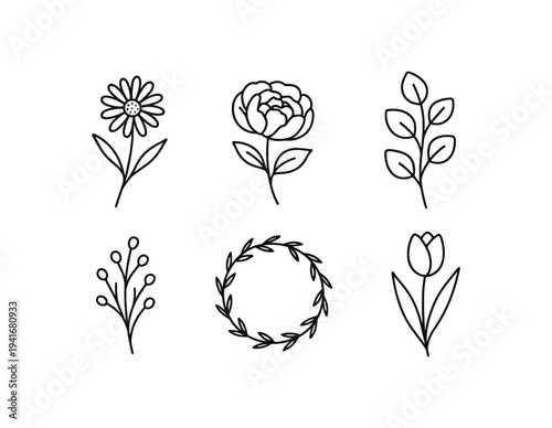 Minimal black outline floral icons including a daisy, peony, leafy stem, berry sprig, circular laurel wreath, and tulip for elegant spring and wedding graphics.