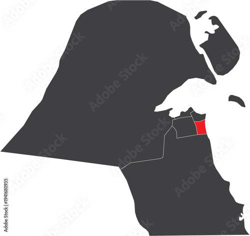 Mubarak Al-Kabeer Governorate on Map of Kuwait Silhouette with Regions Vector Illustration