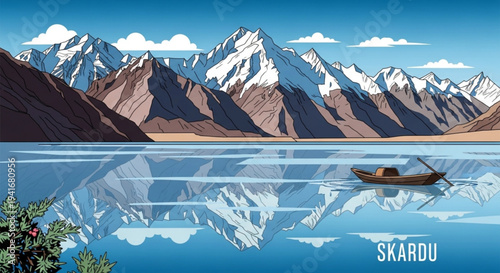 Serene lake scene with snow capped mountains and a small wooden boat drifting on calm waters reflecting majestic peaks under a clear blue sky with fluffy white clouds