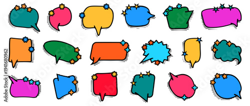 Colorful comic speech bubble collection. Cartoon dialogue shapes with pop art decorative stars. Communication and chat vector elements