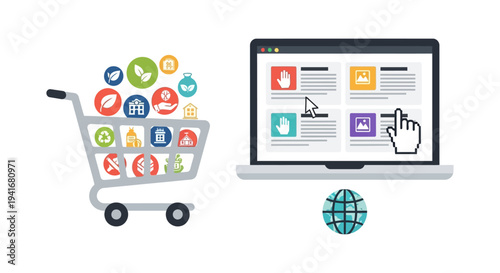Global E-commerce and Sustainable Online Shopping Concept: Laptop, Shopping Cart, and Diverse Product Icons