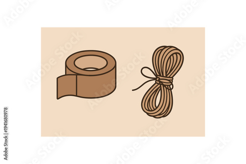 Color illustration of a roll of brown adhesive tape and a tied coil of natural twine on a soft beige backdrop, suitable for craft, shipping, or packaging designs.