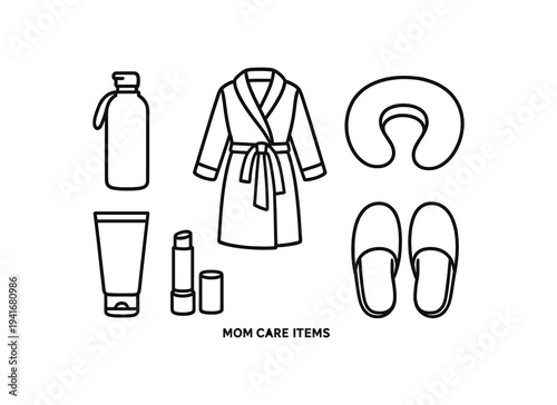Clean black line icon set of mom care essentials arranged on white background — bathrobe, water bottle, travel neck pillow, slippers, lotion tube and lip balm for maternity, 