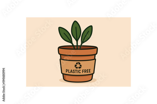 Cute potted plant with three green leaves in a brown terracotta pot that has a "plastic free" label and a recycle symbol. soft beige background and warm earthy colors for eco or gardening use.