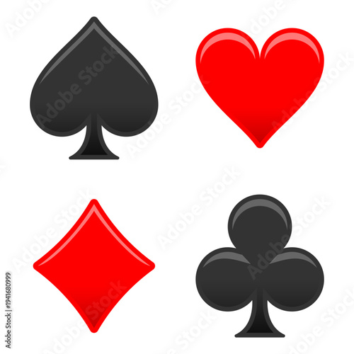 Playing card suits vector illustration set featuring glossy spade heart diamond and club symbols for casino poker gambling games design isolated on white background for mobile apps and web UI.