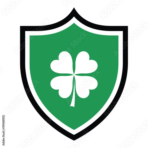 Green shield with white four leaf clover symbol  protection and good luck icon icon