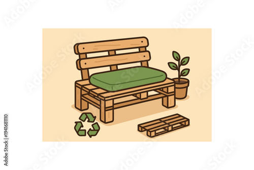 A friendly flat illustration of a diy pallet bench made from wooden pallets, topped with a green cushion, a small plant in a pot and a separate pallet plank and recycling icon, aimed at garden, 