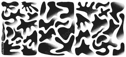 Abstract organic blob shapes collection. Fluid irregular liquid forms with grain texture and soft spray gradient edges. Modern abstract vector elements