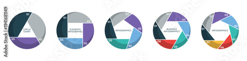 Circular infographic chart templates collection. Business presentation diagrams with segmented pie charts and numbered steps
